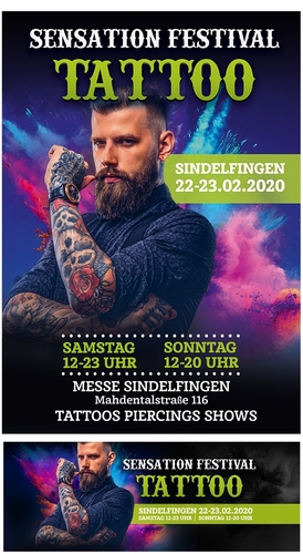 Flyer-Design (plus Facebook Titelbild Größe) für Sensation Tattoo Festival